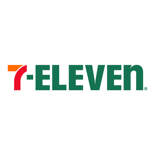7-Eleven logo with a red and orange “7” beside green “ELEVEN” text on a white background.