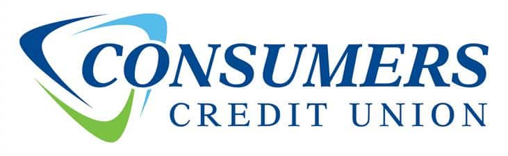 Consumers Credit Union logo with blue and green swoosh shapes on the left.