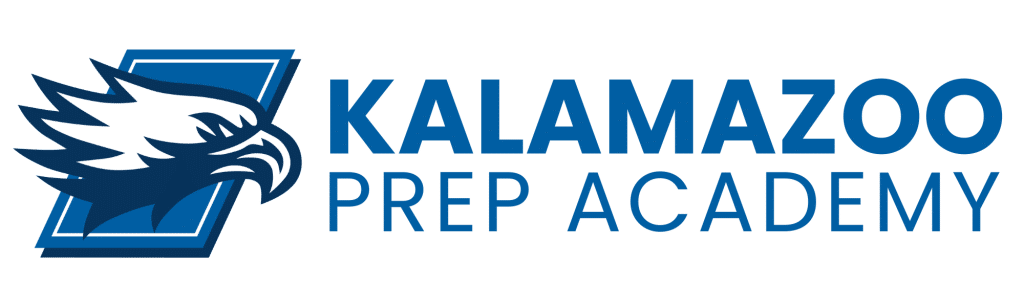 Blue and white eagle logo with text “Kalamazoo Prep Academy” in bold blue letters on a light background.